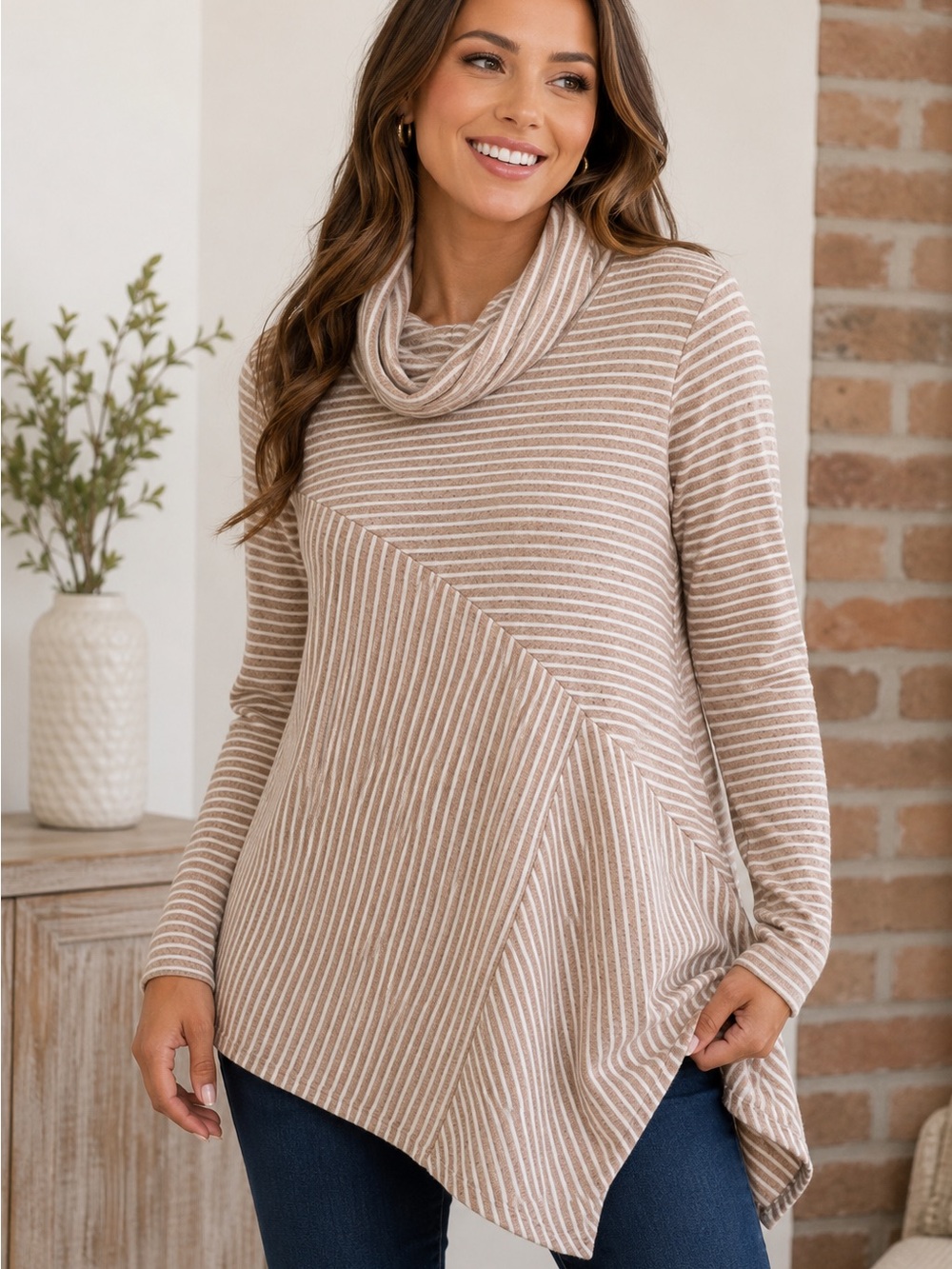 Striped Beige Cowl Neck Tunic Sweater - Cozy Neutral Layer